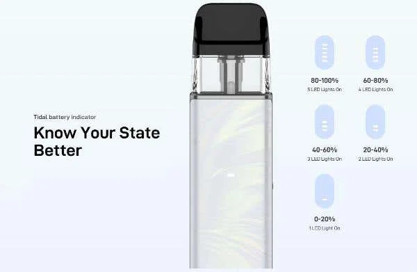 Vaporesso XROS 6 Mini tidal LED battery indicator showing the five light levels