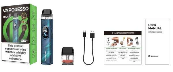 Vaporesso XROS 6 UK kit box contents: device, spare Corex 3.0 pod, USB-C cable and user manual