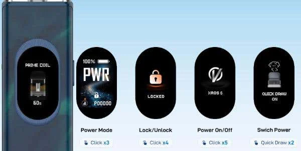 Vaporesso XROS 6 screen and click controls: three clicks for power mode, four to lock, five for on and off, quick draw double pull