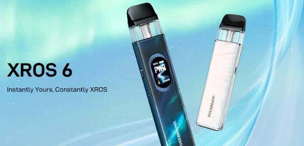 Vaporesso XROS 6 pod kit in Abyssal Blue and Pearl White on the official launch banner