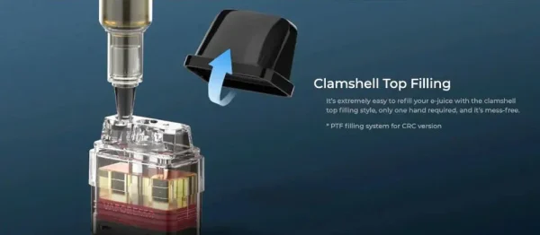 Vaporesso XROS Corex 3.0 refillable pod with the clamshell top-filling cap lifted