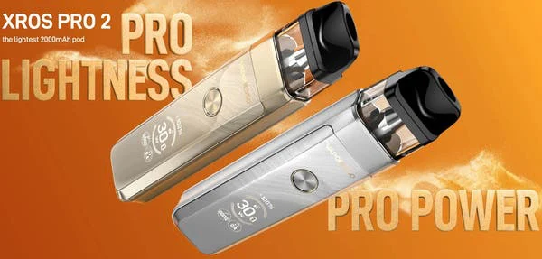 Two Vaporesso XROS Pro 2 pod kits in gold and silver with the TFT screen lit