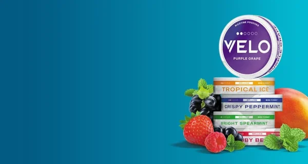Velo nicotine pouch flavour lineup including Bright Spearmint on teal background