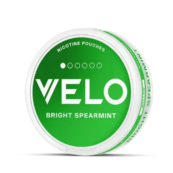 Velo Bright Spearmint nicotine pouch tin, showing the green lid design and Velo branding