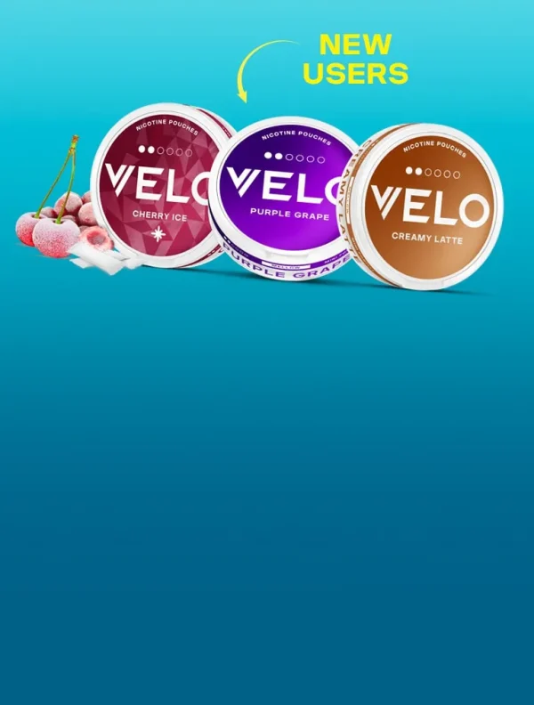 Velo Cherry Ice, Purple Grape and Creamy Latte nicotine pouch tins arranged on a teal background