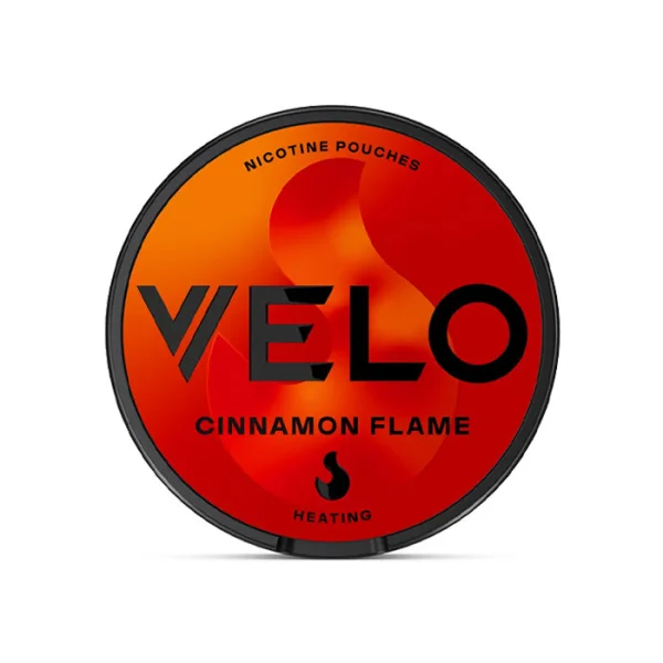 Velo Cinnamon Flame nicotine pouch tin with warm spiced cinnamon branding