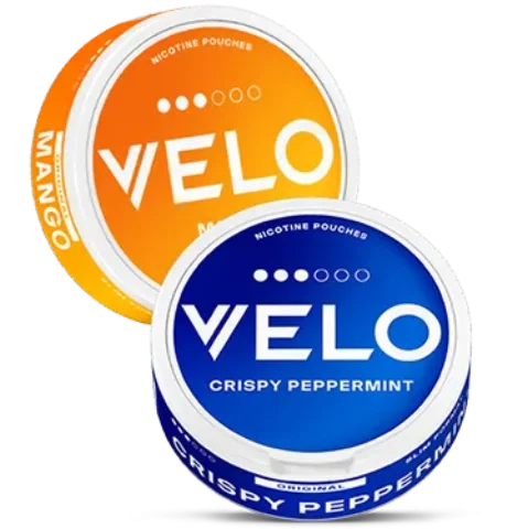 Velo Crispy Peppermint blue tin alongside Velo Mango orange tin, showing clear product labelling