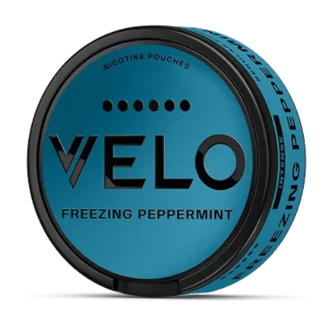 Velo Freezing Peppermint nicotine pouch tin, dark teal and black INTENSE design, on gradient background