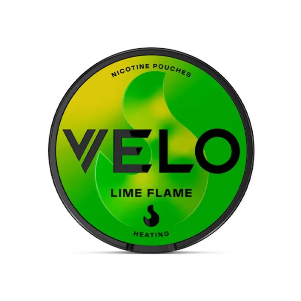 Velo Lime Flame nicotine pouch tin showing green and yellow design with HEATING label