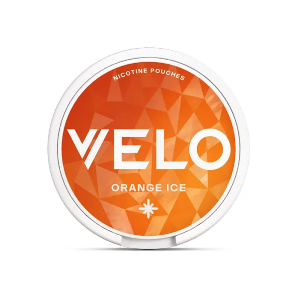 Velo Orange Ice nicotine pouch tin showing vibrant orange geometric design with snowflake symbol