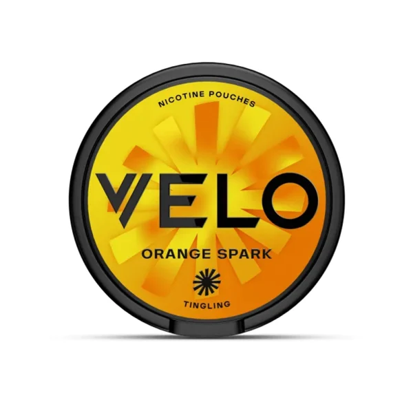 Velo Orange Spark nicotine pouch tin showing the orange and yellow Sensations design with TINGLING label