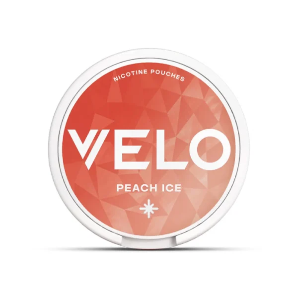 Velo Peach Ice nicotine pouch tin showing warm salmon-coral geometric design with snowflake symbol