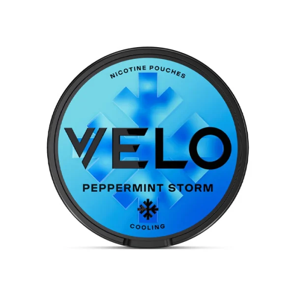 Velo Peppermint Storm nicotine pouch tin showing blue ice design with COOLING label