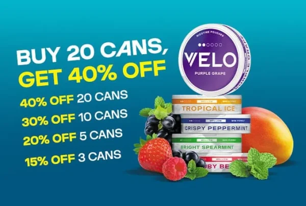 Velo Purple Grape nicotine pouch tin shown above a stack of Velo flavours in a buy 20 cans promotional banner