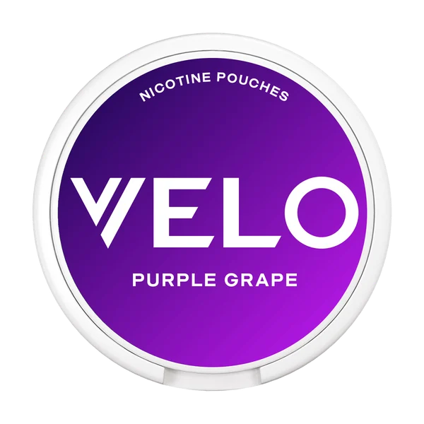 Velo Purple Grape nicotine pouch tin with the Velo logo and purple branding