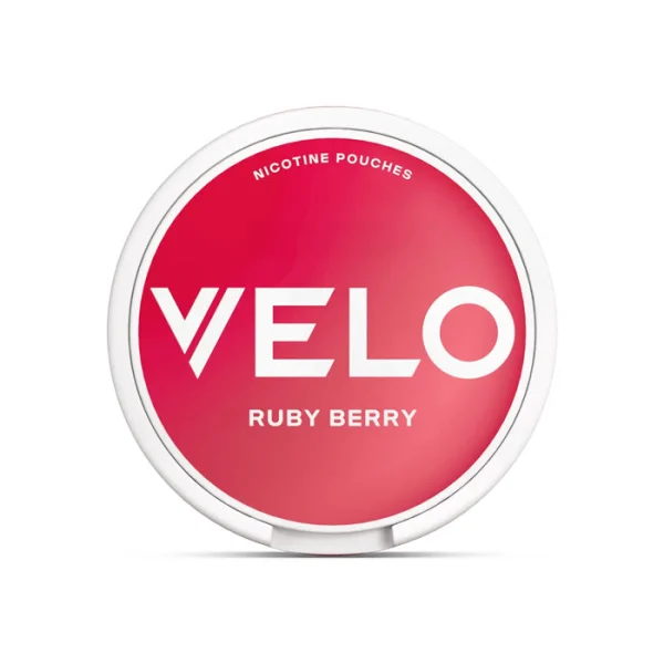 Velo Ruby Berry nicotine pouch tin with red design and white Velo branding