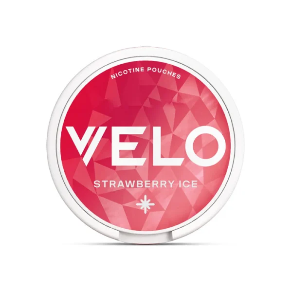 Velo Strawberry Ice nicotine pouch tin showing bold red and magenta geometric design with snowflake symbol