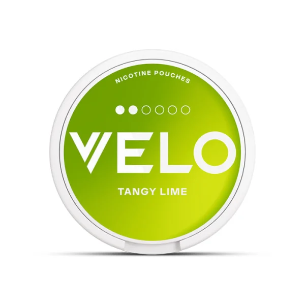 Velo Tangy Lime nicotine pouch tin with bright citrus lime branding