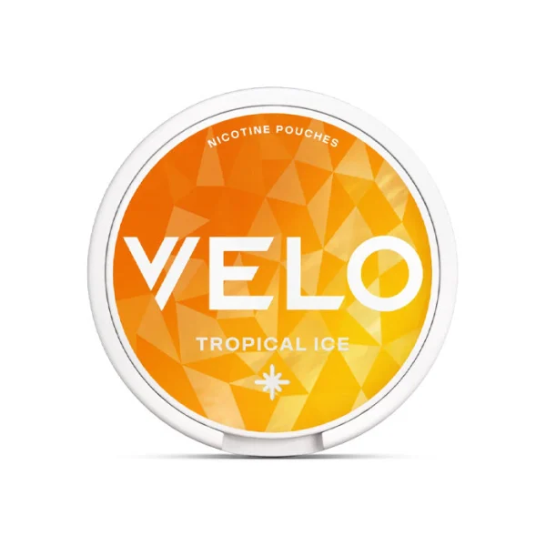 Velo Tropical Ice nicotine pouch tin showing bright amber and golden-orange geometric design with snowflake symbol