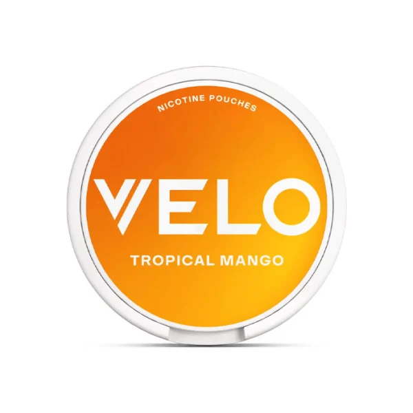 Velo Tropical Mango nicotine pouch tin with orange gradient design and white Velo branding