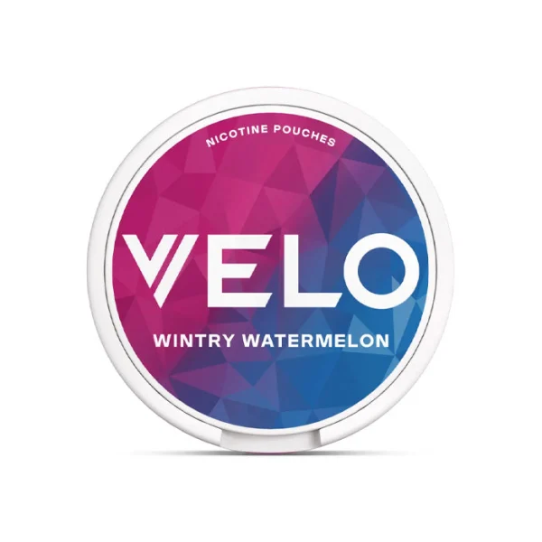 Velo Wintry Watermelon nicotine pouch tin with pink to blue geometric design and white Velo branding