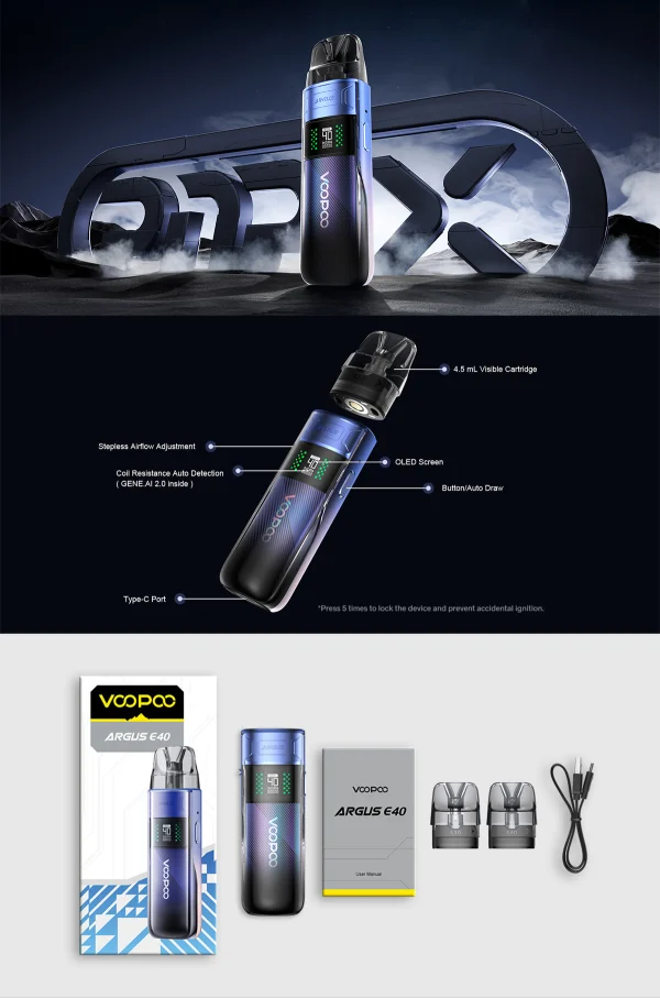VOOPOO Argus E40 feature diagram showing the 4.5ml visible cartridge, GENE.AI 2.0 chip, OLED screen, and pack contents
