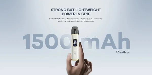 Voopoo Argus G3 held in the hand, slim 1500mAh device with the colour screen lit