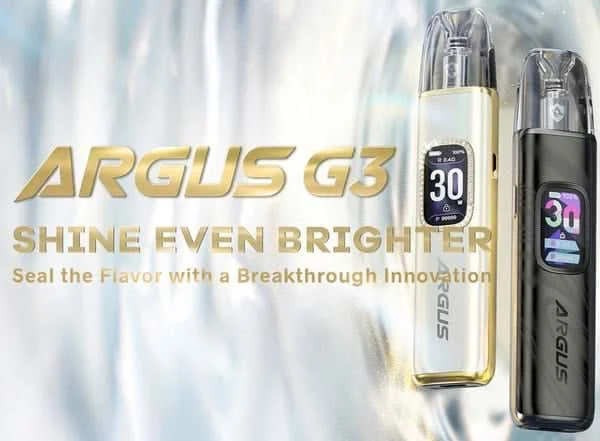Voopoo Argus G3 refillable pod kit in gold and black, screens showing 30W