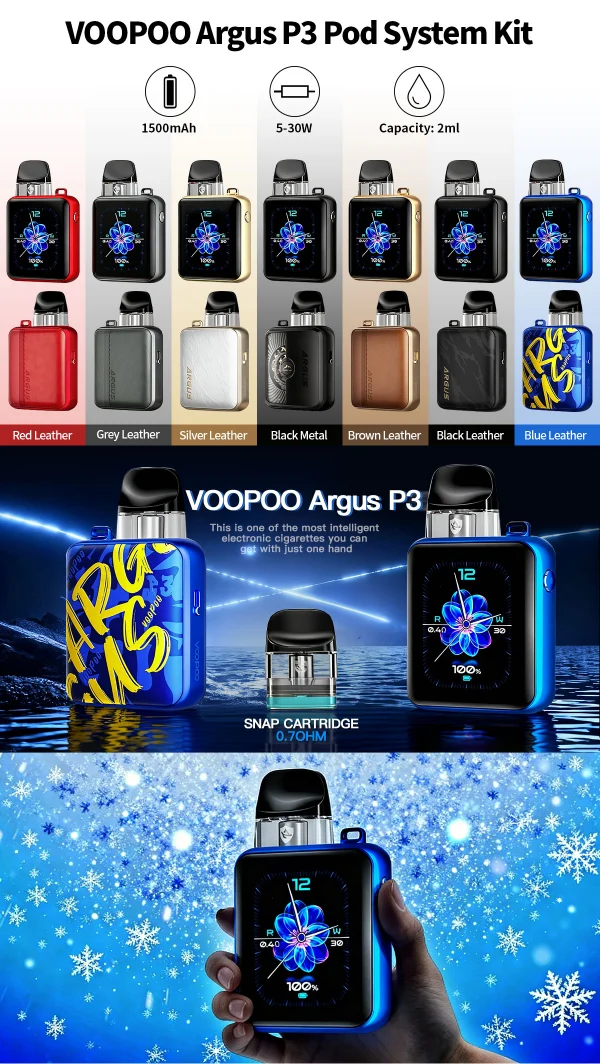 VOOPOO Argus P3 pod system kit in all seven colour finishes with specification details