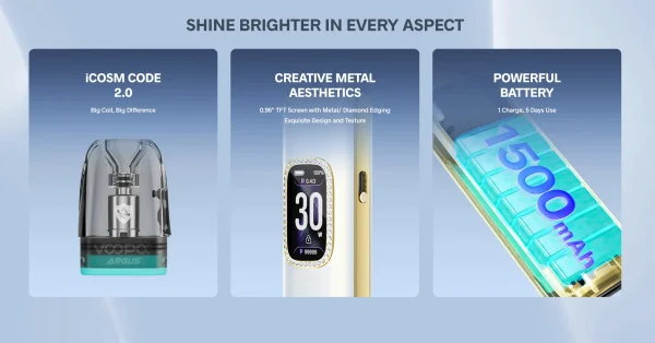 Voopoo Argus pod features: iCOSM coil, screen and battery across the range