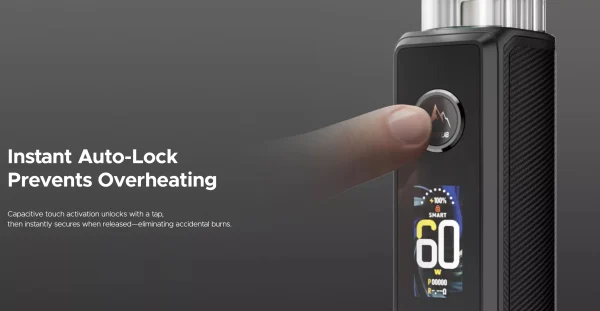 VOOPOO Drag S3 capacitive Evermest Lab fire button demonstrating instant auto-lock mechanism that prevents pocket fires and overheating