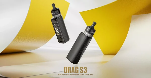 VOOPOO Drag S3 pod vape kit in Spray Black shown floating against a yellow and white artistic backdrop