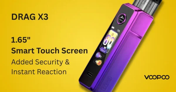 VOOPOO Drag X3 in Aurora Purple highlighting the 1.66-inch smart touch screen at 80W Smart mode