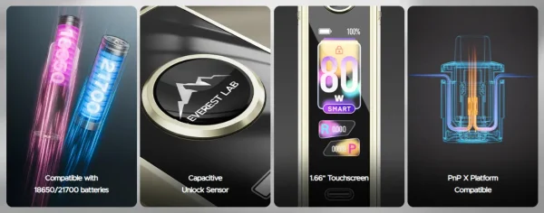 VOOPOO Drag X3 feature banner showing 18650 and 21700 battery compatibility, capacitive sensor, 1.66in touchscreen and PnP X platform