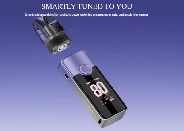 VOOPOO Vinci E80 pod exploded view showing GENE AI 2.0 smart resistance detection and 80W display on purple background