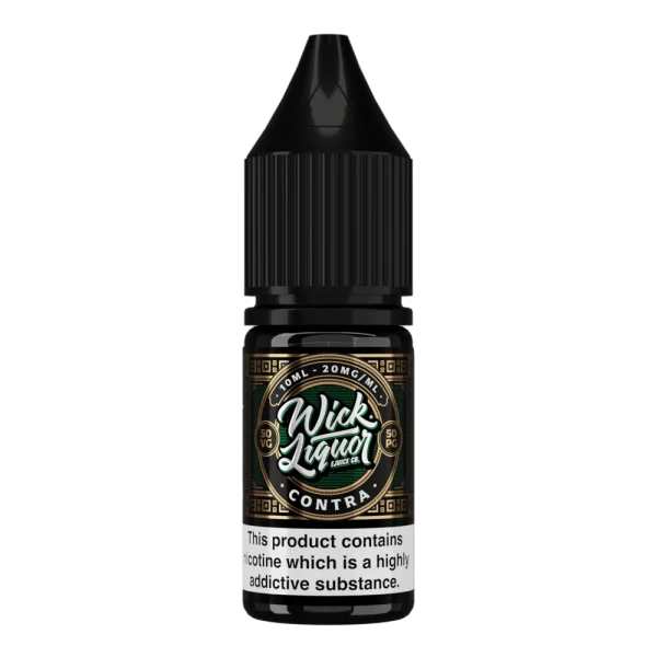 Wick Liquor Contra 10ml nic salt bottle, 50/50 20mg, with the green Contra label