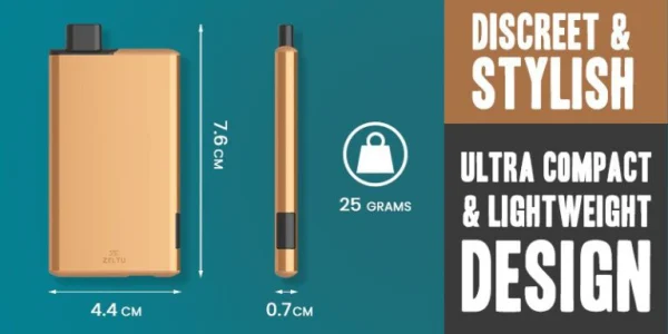 Zeltu X3 design banner showing the 7.6cm by 4.4cm by 0.7cm dimensions and 25 gram weight in burnt gold