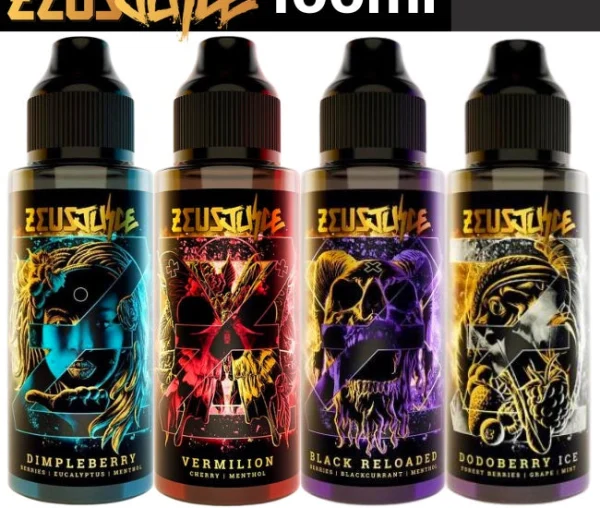 Zeus Juice 100ml shortfill bottle line-up showing core flavours including Black Reloaded, Dimpleberry and Vermilion with the brand mythology label art