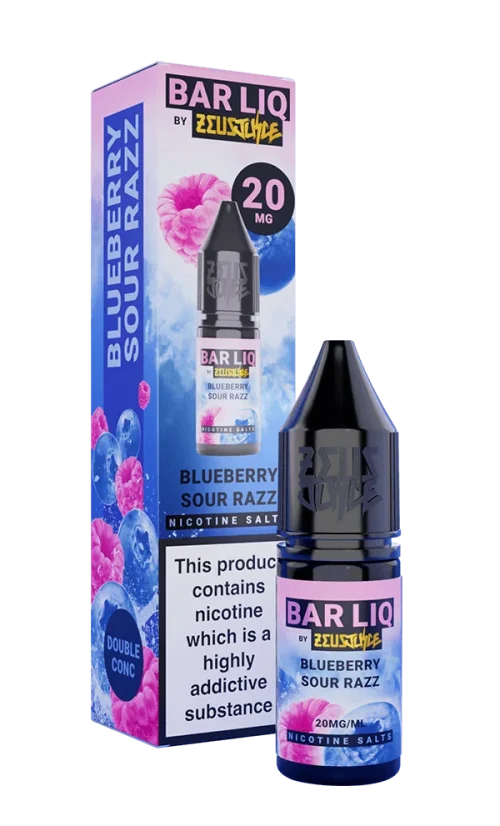 Zeus Juice Bar Liq Blueberry Sour Razz 10ml nic salt bottle and pack in pink and blue double-concentrate packaging