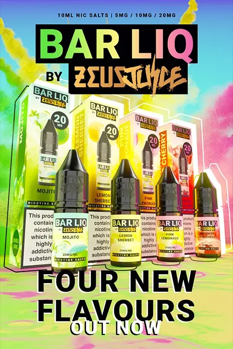 Bar Liq by Zeus Juice nic salt range banner showing Mojito, Lemon Sherbet and Pink Lemonade 10ml bottles with the 5mg, 10mg and 20mg format