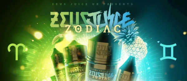 Zeus Juice Zodiac shortfill range banner showing Zodiac bottles with celestial brand artwork