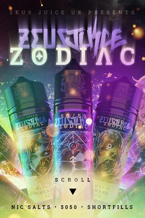 Zeus Juice Zodiac range banner showing Zodiac shortfill bottles with celestial artwork and the nic salt, 50/50 and shortfill formats