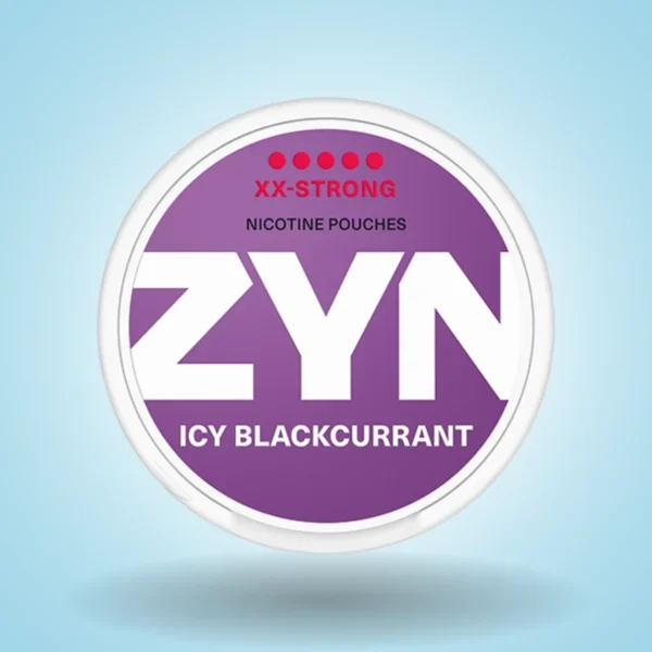 ZYN Icy Blackcurrant XX-Strong nicotine pouches purple can on light-blue background