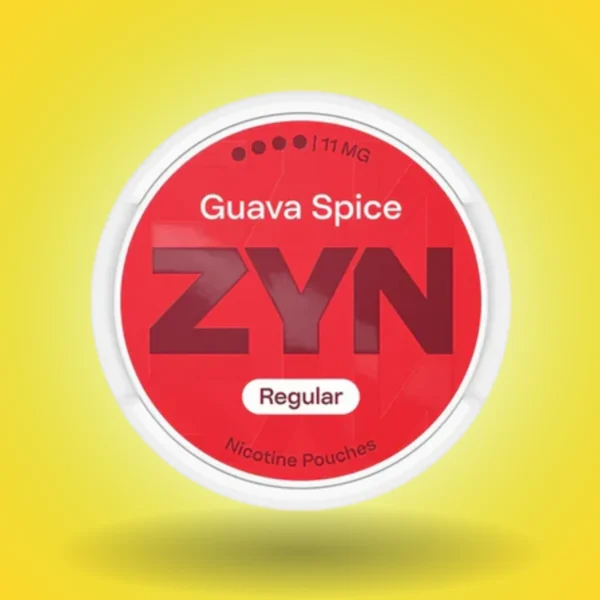 ZYN Guava Spice 11mg nicotine pouches red can on yellow background