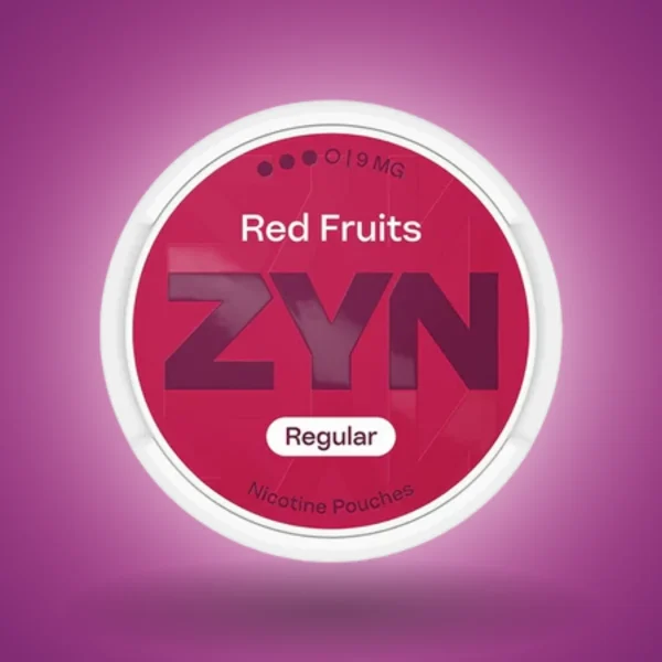 ZYN Red Fruits 9mg nicotine pouches vivid red can on pink-purple background